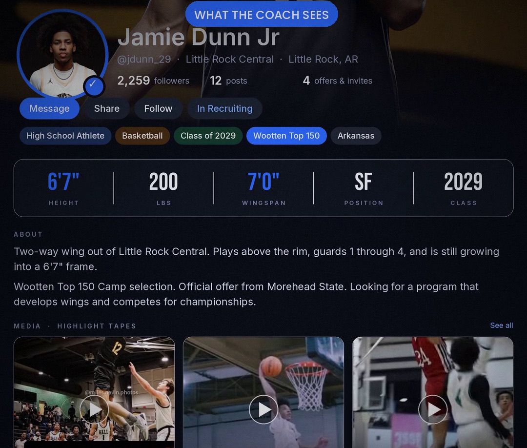 What a coach sees on Jamie Dunn Jr's Branded profile